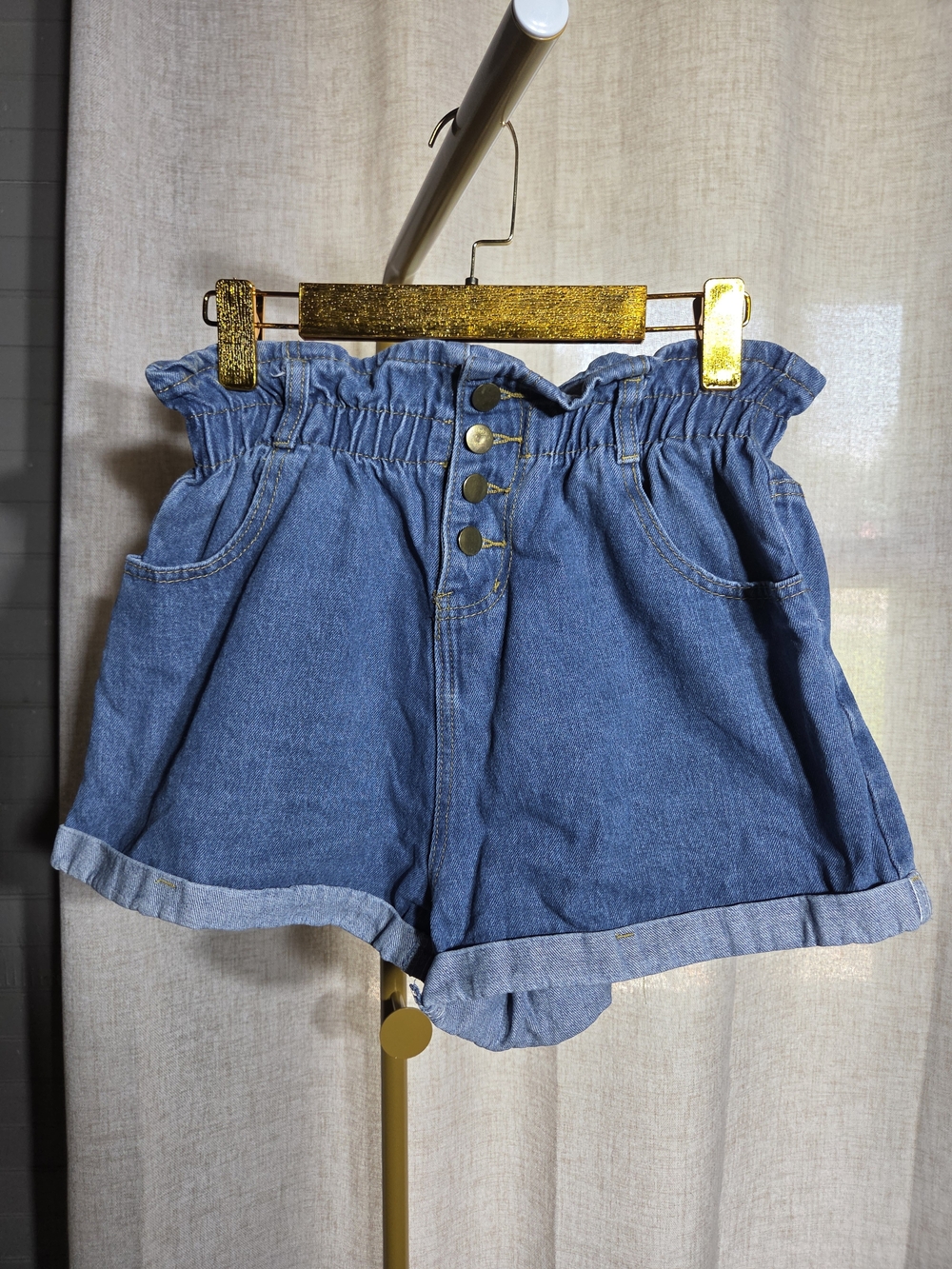 High-Waist Paperbag Denim Shorts in Blue
